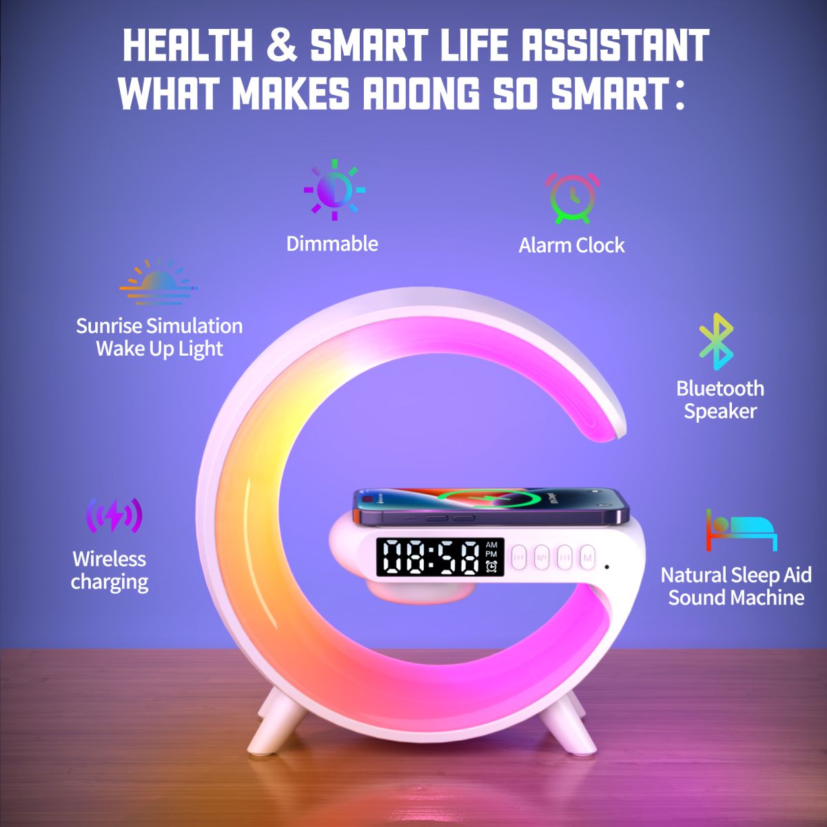 🔥 Lampă LED RGB 3 în 1 – Încărcare Wireless, Boxă Bluetooth și Ceas cu Alarmă